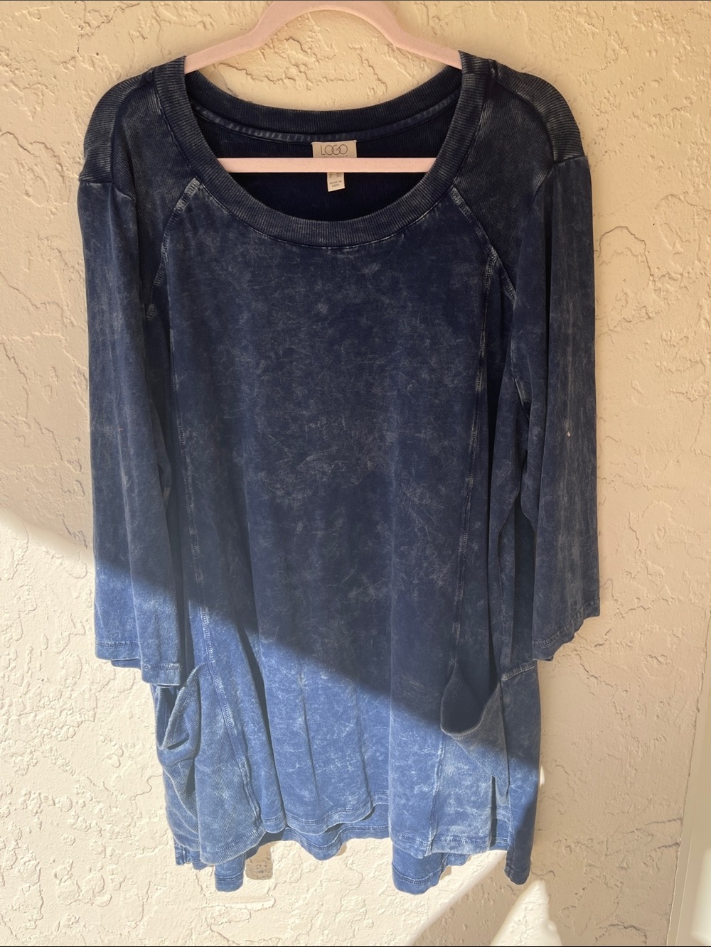 LOGO Garment Washed Deep Navy Blue Tunic w/Contrast Rib Knit Pockets & Back Yoke